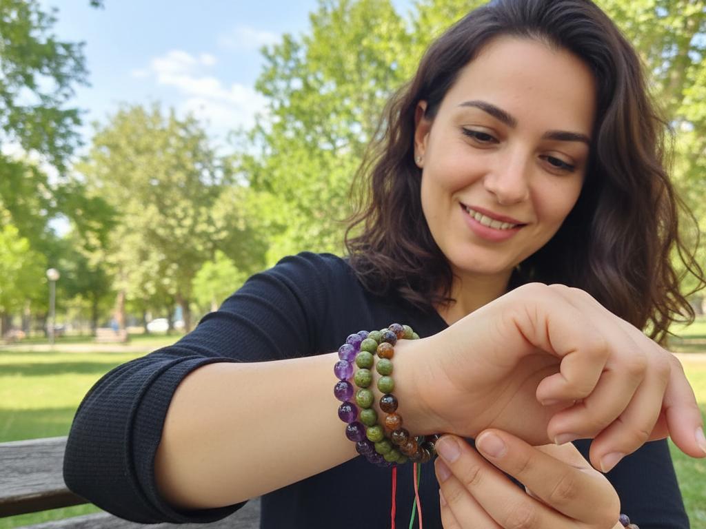 Orta yaşlı genç bir Türk kadını, tesbih otu ve değerli taş bilekliklerine bakarken, yapraklı ağaçlar ve gün ışığı ile çevrili şehir parkında oturuyor.