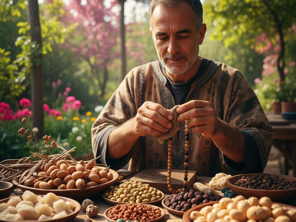 Kendi bahçesinde doğal malzemelerle tesbih yapan orta yaşlı Türk zanaatkâr, elinde tesbih tutuyor, arka planda yeşil ağaçlar ve çiçekler var.