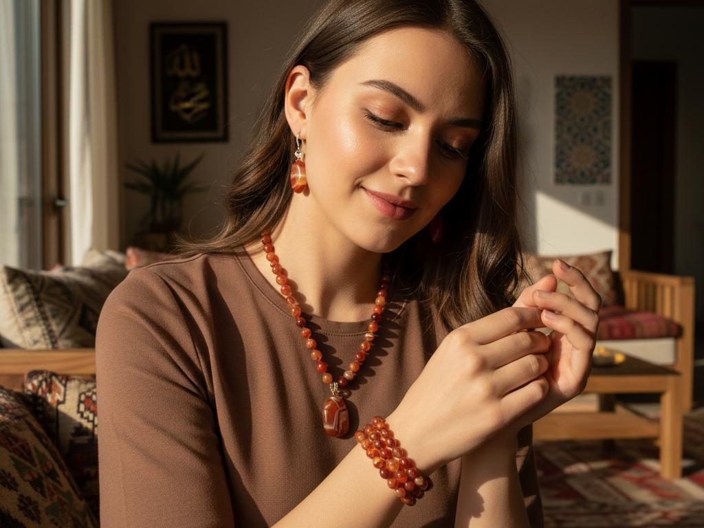Doğal ışıkta, modern Türk evinde genç bir kadın, zarif akik taşından yapılmış bileklik, kolye ve küpe seti takıyor, nazikçe bilekliğine bakarken görülüyor.