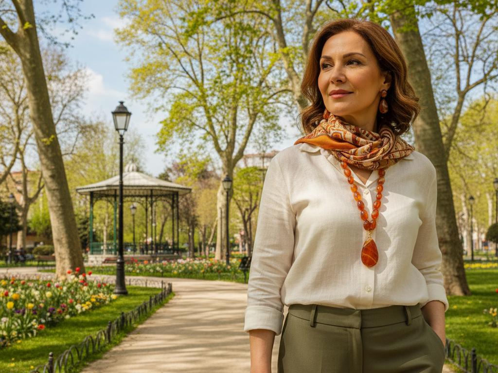 Istanbul'daki yemyeşil bir parkta, şık bir şekilde akik taşından kolye, küpe ve bileklik takan orta yaşlı bir kadın doğal ışık altında yürürken görülüyor.