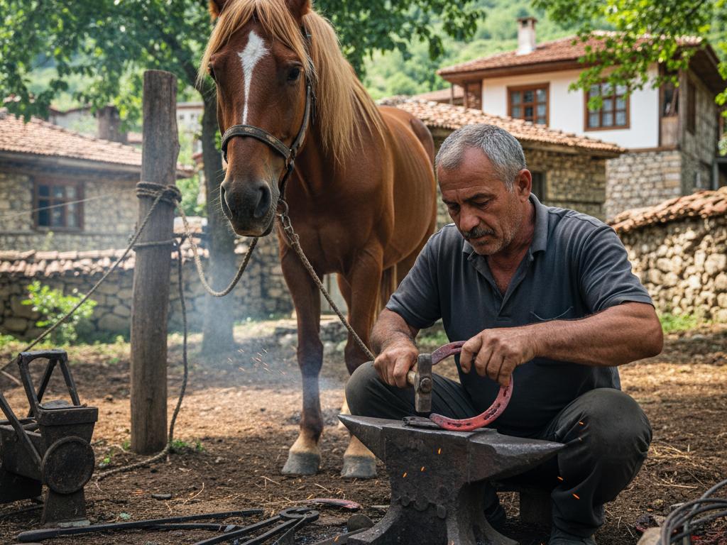 Kırsal bir Türk köyünde nalbantlık mesleğini icra eden orta yaşlı bir ustanın, at nalını tamir ederken doğal ışıkta gerçekçi görüntüsü.