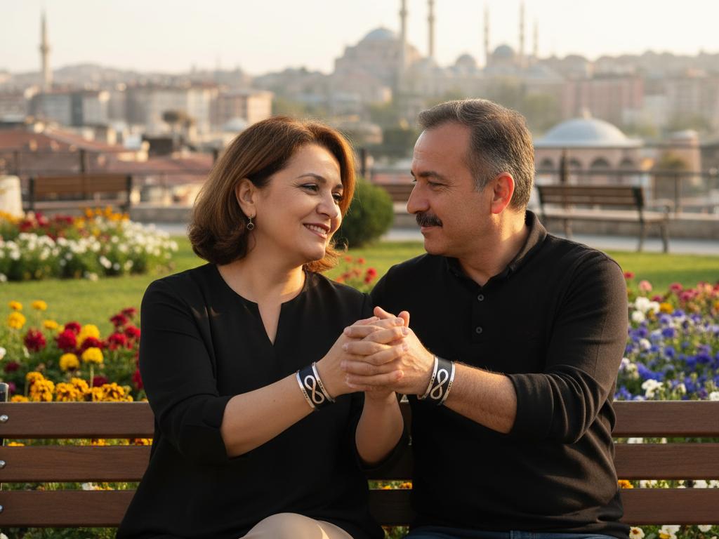 Orta yaşlı Türk çiftin bahçede otururken kişiselleştirilmiş isimli ve sonsuzluk sembollü çift bileklikleriyle ellerini tutmaları.
