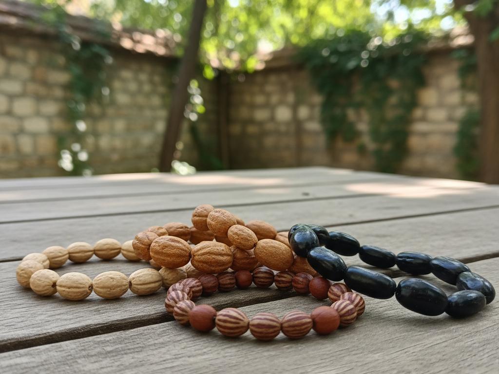 Güneş ışığında, doğal ağaç ve taşların bulunduğu bir Türk bahçesinde, İğde, Nektarin, Tesbih Otu ve Zeytin tohumlarından yapılmış el emeği doğal tohum bileklikler yakın çekimde yer alıyor.