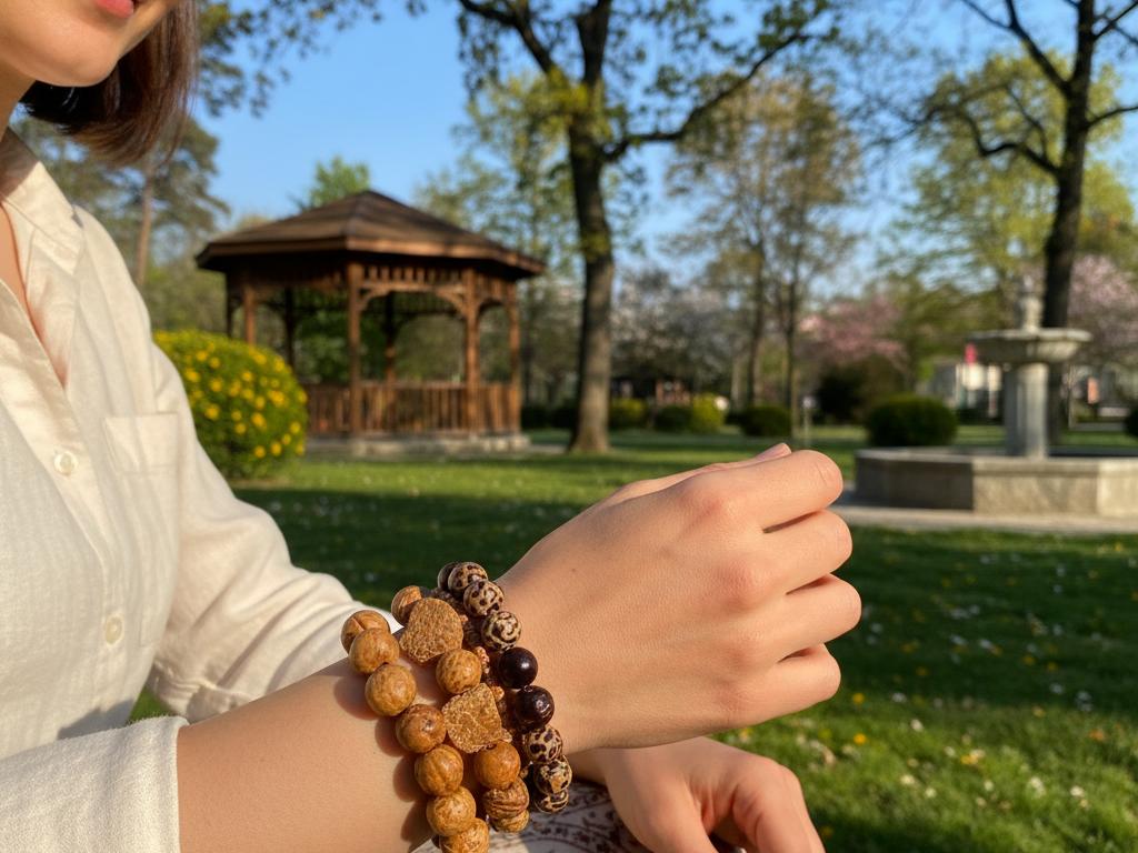Genç-orta yaşlarda Türk kadın, aydınlık ve yeşil ağaçlı bir parkta doğal tohum ve çekirdek bilekliklerine bakarken, kolundaki farklı tohum bileklikleri göstermektedir.