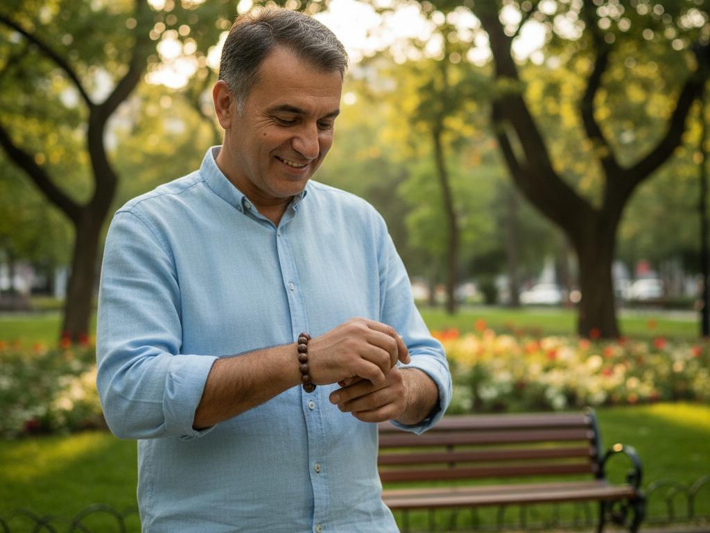 Türkiye'de bir parkta, güneşli havada kuka bileklik takan orta yaşlı bir Türk adam, bileğindeki bileklik net görünüyor.