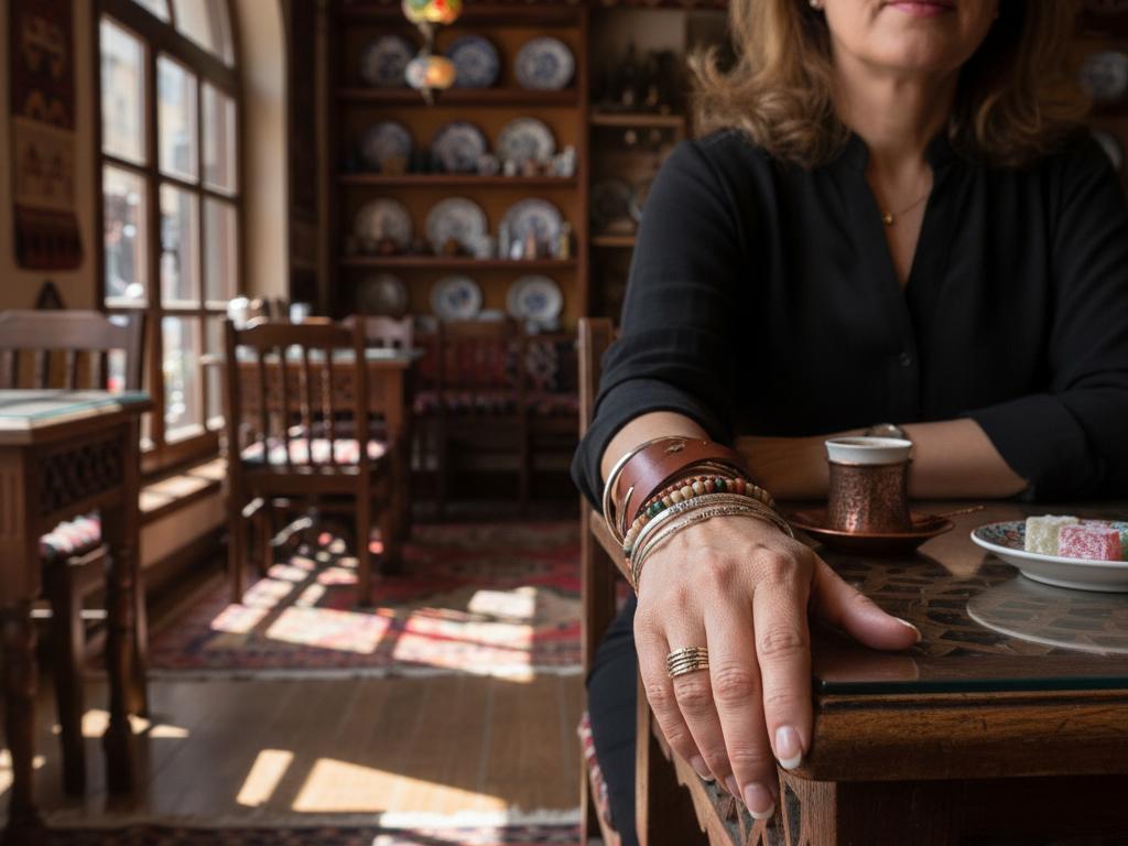 Orta yaşlı bir Türk kadını, geleneksel bir kahvehanede masa üzerinde sade ve dengeli bileklik kombinasyonuyla oturuyor, deri, gümüş ve doğal boncukların ahenkli uyumu, sıcak doğal ışık altında detaylı ve gerçekçi çekim.