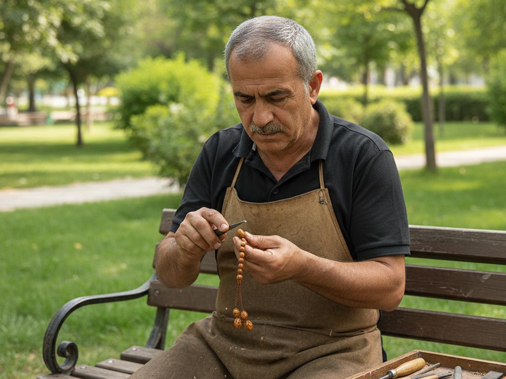 Yeşillikler içinde bir parkta doğal ışıkta akasya tohumu tesbih üzerinde ince el işçiliği yapan orta yaşlı Türk sanatçının odaklanmış fotoğrafı.