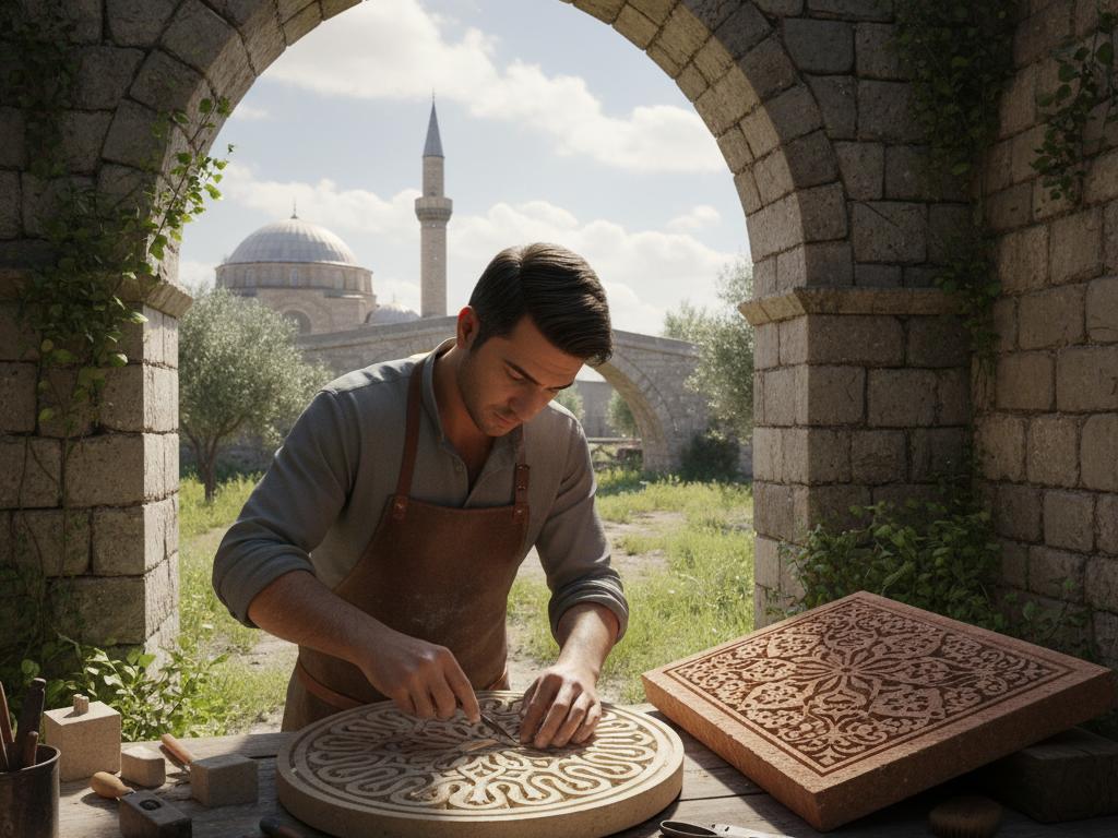 Tarihi Anadolu dokusu içinde bir ustanın Hacıbektaş ve Sarımsaklı taşlarını ince işçilikle şekillendirdiği fotoğraf. Görsel, taş işlemeciliğinin kültürel miras değerini yansıtıyor.