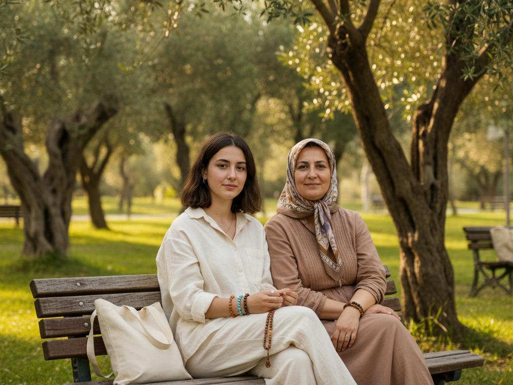 Yeşil bir parkta oturan kadın, bileğindeki renkli doğal taş bileklik ve elindeki ahşap tesbihle huzurlu bir an yaşıyor. Arka planda ağaçlar ve gün ışığı sakin bir atmosfer oluşturuyor.