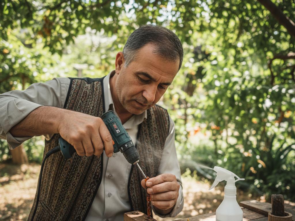 Orta yaşlı bir Türk zanaatkar, düşük devirde şarjlı matkap kullanarak tesbih tanesini hassas şekilde dış mekanda deliyor.