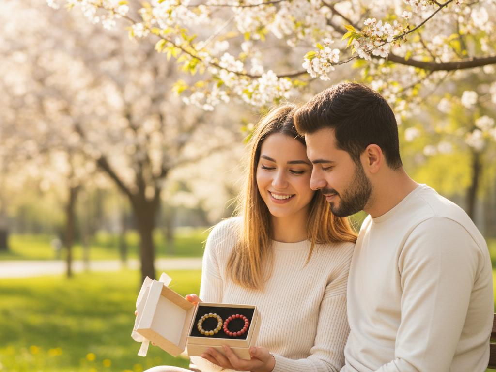 Ağaçlı bir parkta oturan genç bir çift, hediye kutusundaki sarı sitrin ve kırmızı turkuaz taşlı bilekliklere bakıyor. Sıcak ve doğal atmosfer, bilekliklerin hediye olarak şık ve anlamlı duruşunu yansıtıyor.