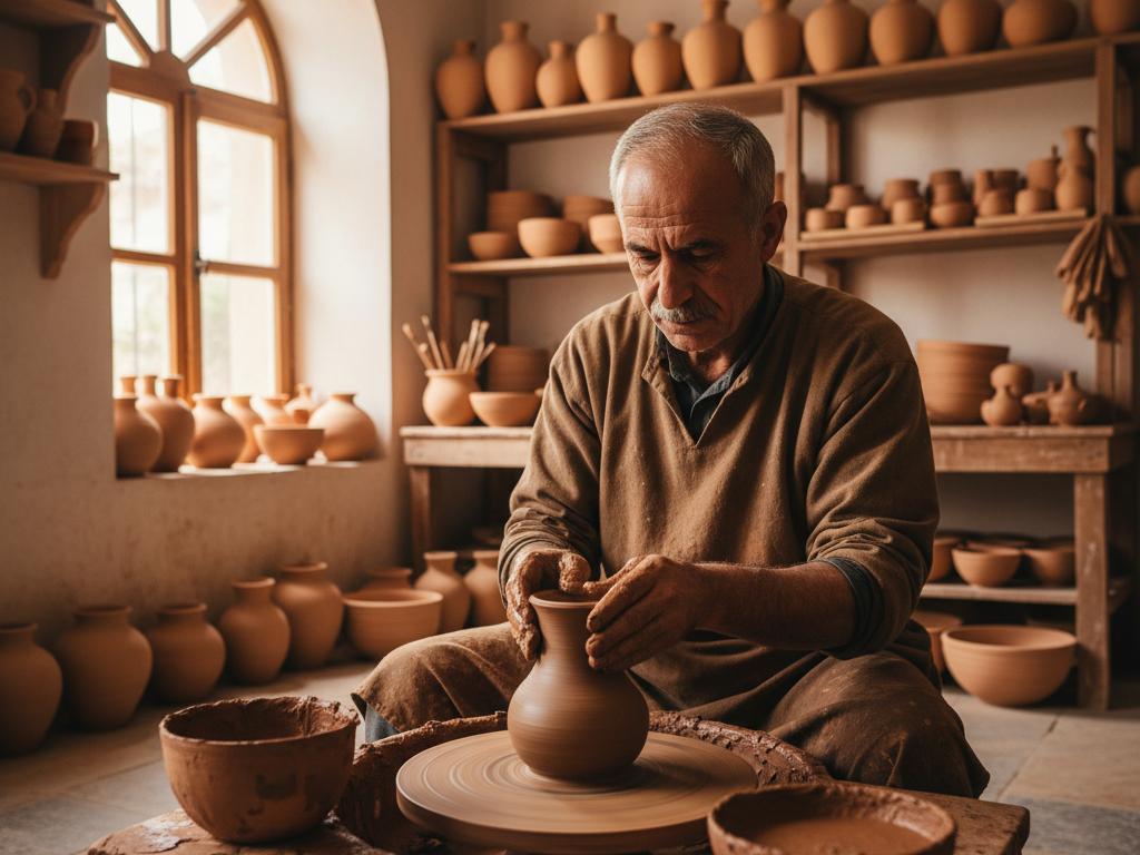 Bir çömlek ustasının atölyede çark üzerinde ıslak kil ile çanak şekillendirdiği gerçekçi bir sahne. Sıcak toprak tonları ve el emeği detayları öne çıkıyor.