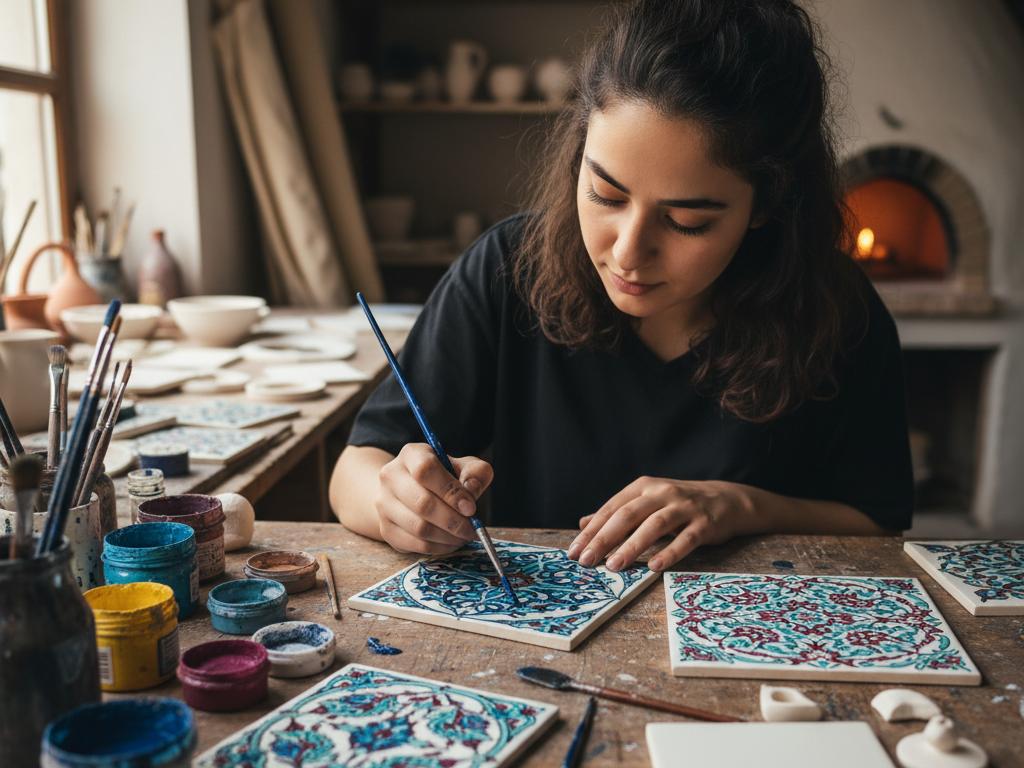 Bir çini ustasının atölyede geleneksel motifleri sır altı tekniğiyle işlediği foto-gerçekçi bir an. Renkli çiniler ve ince işçilik dikkat çekiyor.