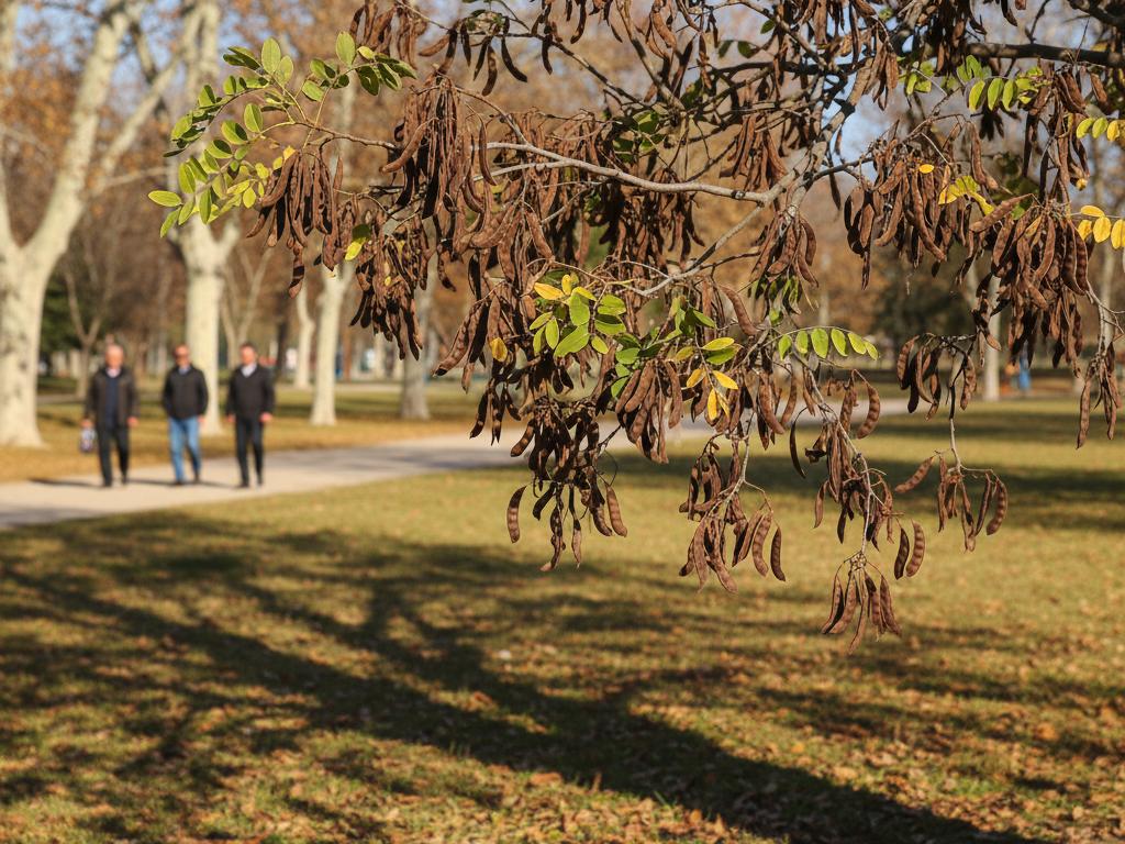 Türkiye’de bir parkta yetişen akasya ağacı ve yerdeki tohumları gösteren doğal bir dış mekân fotoğrafı. Arkada hafif sonbahar havası ve sade bir şehir parkı manzarası yer alıyor.