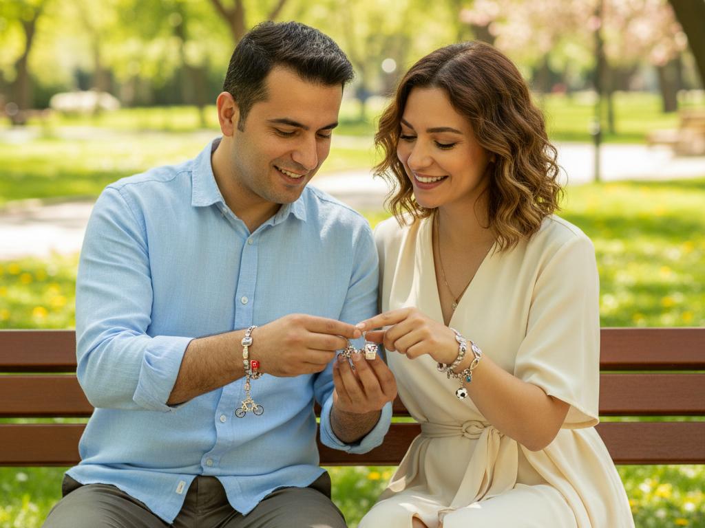 Yeşil bir Türk parkında iki kişinin kişiselleştirilmiş charmlı bileklikleri incelediği foto-gerçekçi bir sahne. Görsel, 2026’nın moda trendi olan anlamlı ve şık charm kullanımını vurguluyor.