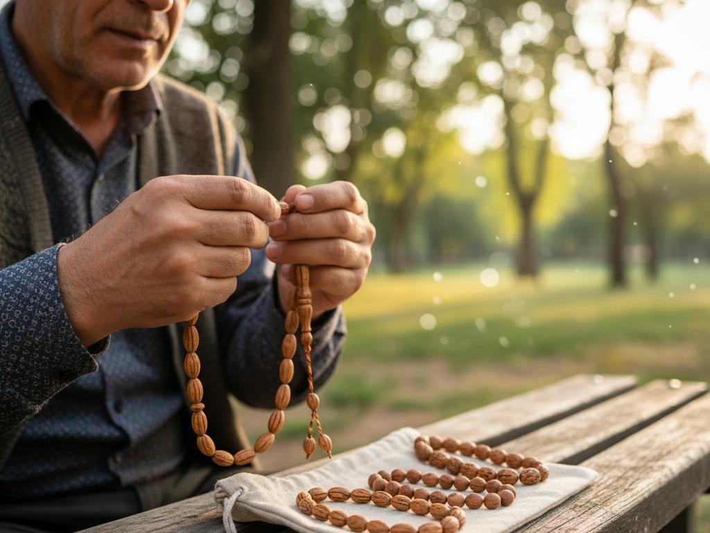 Parkta oturan orta yaşlı bir kişinin kuka tesbihi inceleyerek kesim türlerini karşılaştırdığı, doğal ışıklı ve huzurlu bir dış mekân sahnesi. Tesbih taneleri ve kesim farkları yakın planda net şekilde görülüyor.