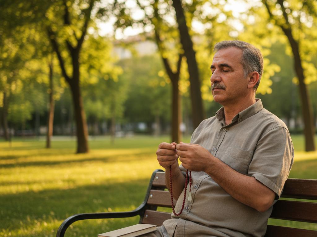 Ağaçlı bir parkta bankta oturan orta yaşlı bir erkek tesbih çekiyor. Doğal ışık ve sakin çevre, ruhsal dinginlik ve huzur duygusu veriyor.