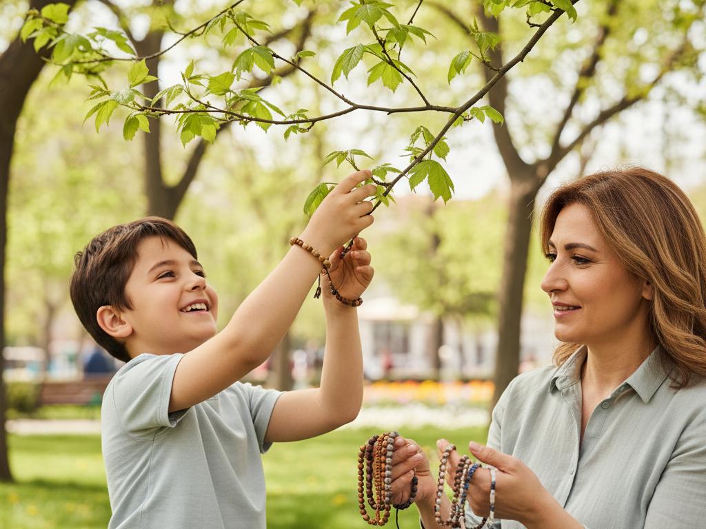Parkta oynayan bir çocuğun bileğinde elastik ipli tesbih otu bilekliği görülüyor. Yan tarafta bir yetişkin, farklı tesbih otu bileklik modellerini inceliyor.