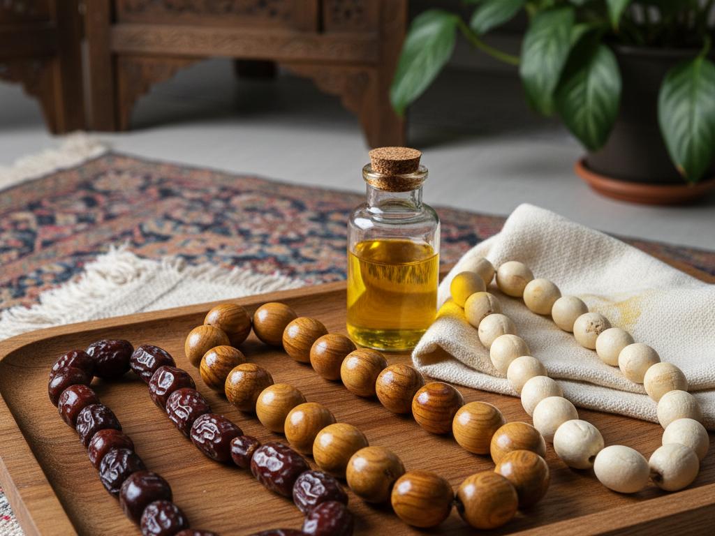 Doğal tesbihler, tung yağı şişesi ve yumuşak bir bezle birlikte düzenli bir şekilde sergilenir. Fotoğraf, tesbih bakımında doğal korumanın önemini vurgulayan profesyonel bir ürün çekimi görünümündedir.