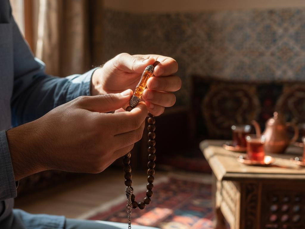 Bir Türk erkeğin elinde, boncuklar arasında belirgin bir nişane/durak bulunan el yapımı tespih yakın planda gösteriliyor. Sıcak doğal ışık ve bulanık arka plan, ürünün detaylarını öne çıkarıyor.