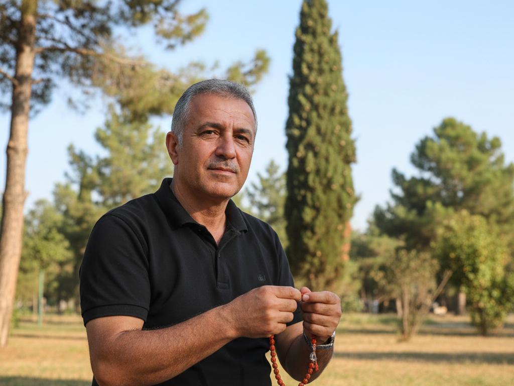 Akdeniz atmosferinde bir parkta oturan orta yaşlı bir adam, elindeki andız tesbihi huzurla çeviriyor. Doğal çevre ve yumuşak ışık, tesbihin sakinleştirici ve geleneksel yönünü anlatıyor.