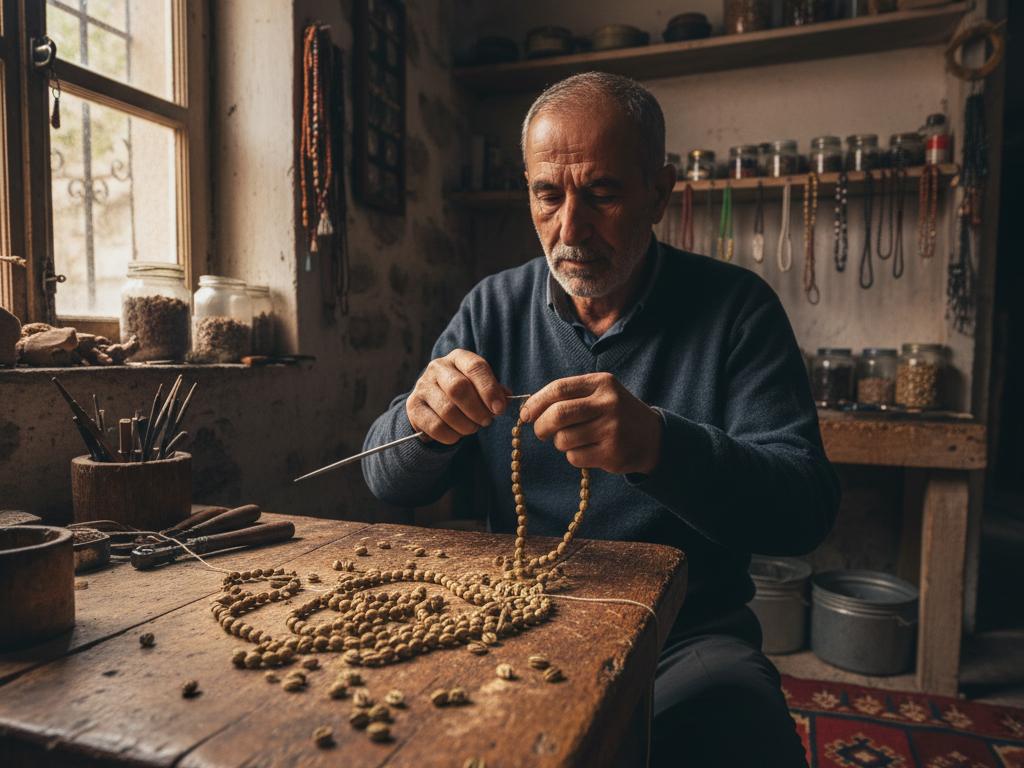 Bir tesbih ustasının iğde çekirdeklerini özenle işlediği sıcak ve sade atölye sahnesi. Doğal ışık, sabır ve el emeğini vurgulayan gerçekçi bir fotoğraf görünümü.