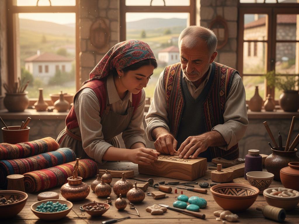Bir usta ile genç çırak, geleneksel el sanatlarını birlikte öğreniyor ve üretiyor. Atölyedeki el dokuması, ahşap ve metal detaylar kültürel mirasın yaşatılmasını anlatıyor.