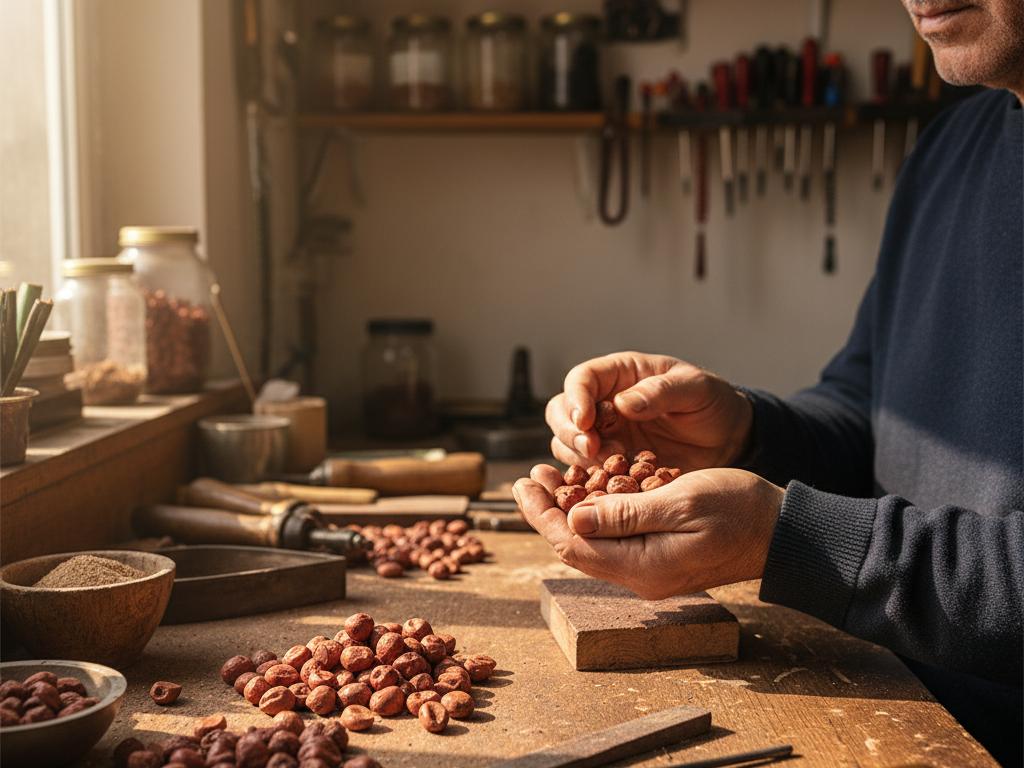 Geleneksel bir tesbih atölyesinde kızılcık çekirdeklerinden üretilen taneler ve işleme araçları yer alıyor. Orta yaşlı usta, dayanıklı çekirdekleri elinde tutarak çalışıyor.