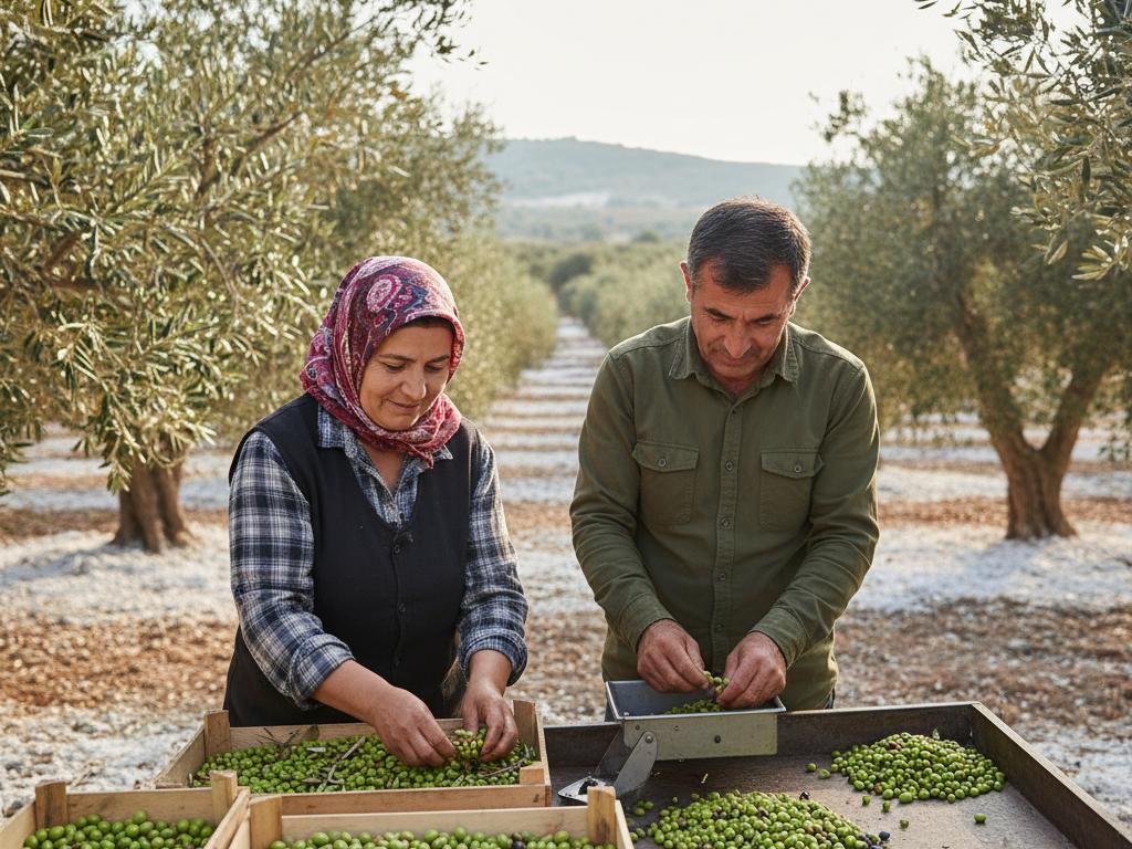 Ege’de zeytin bahçesinde çalışan orta yaşlı çiftçiler ve ön planda ayrılmış yeşil ile siyah zeytin çekirdekleri görülüyor. Sahne, hasat ve doğal işleme sürecini gerçekçi bir şekilde yansıtıyor.