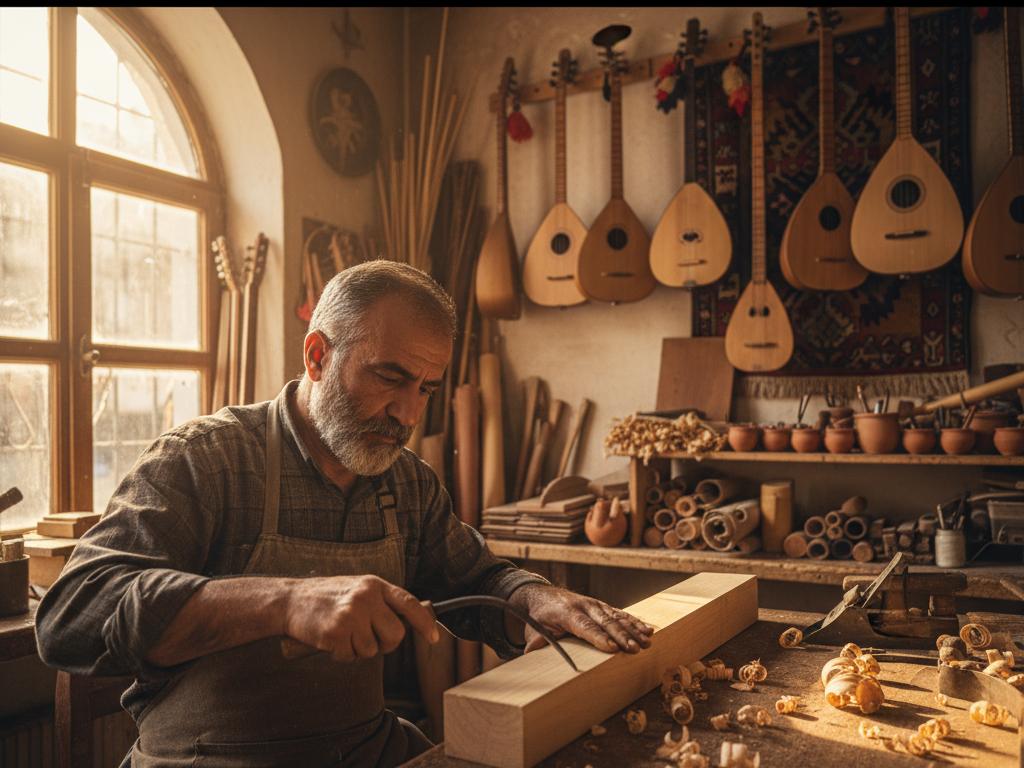 Türk bir usta ile genç çırağın atölyede bağlama yapımına odaklandığı, sıcak ışıklı ve gerçekçi bir el sanatları sahnesi.
