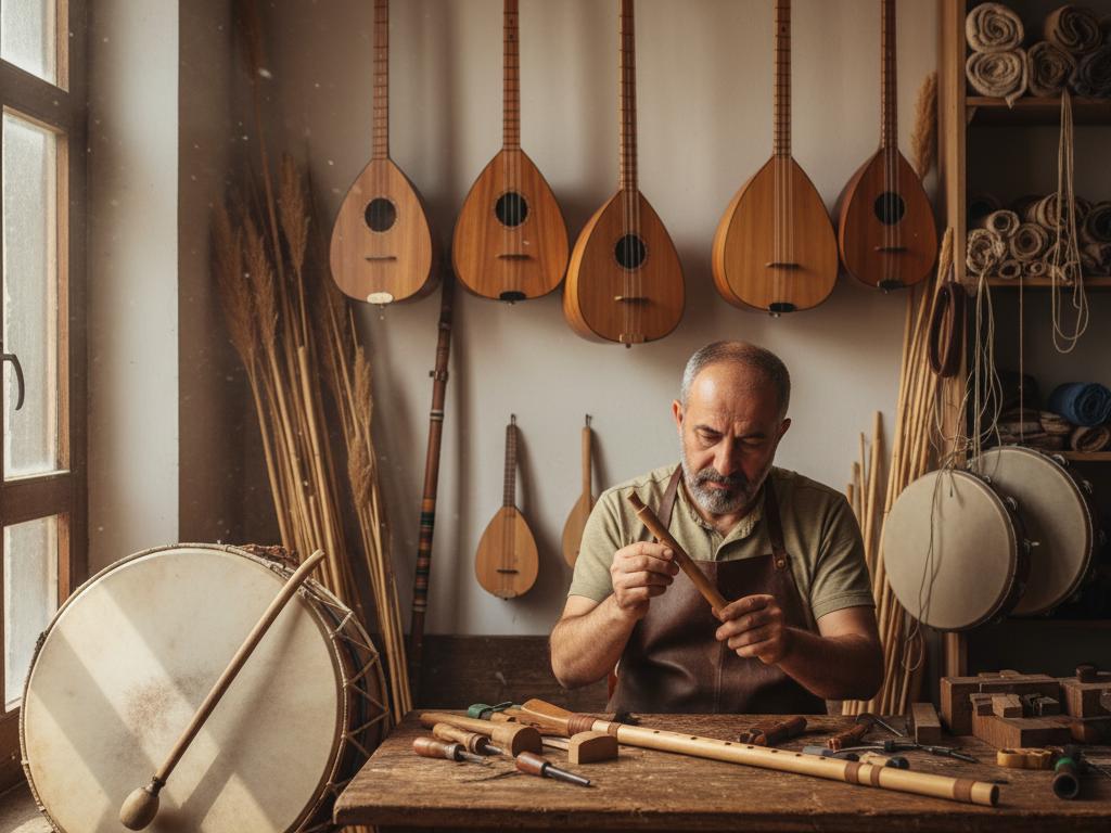 Atölyede bağlama, ney, davul ve def gibi halk çalgılarının yer aldığı; ustanın malzeme ve işçiliği incelediği gerçekçi bir fotoğraf.