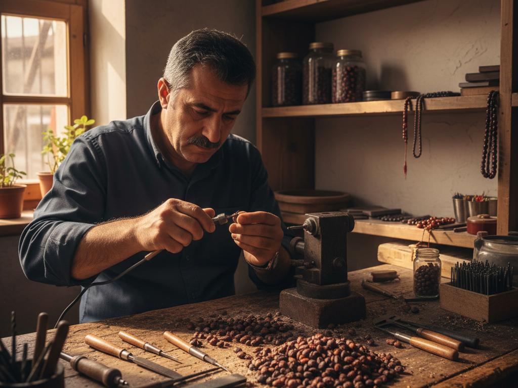 Geleneksel bir atölyede zeytin çekirdeklerinden tesbih yapan usta ve masadaki işlenmiş çekirdekler gösteriliyor. Fotoğraf, zanaatkârlık ve kültürel değeri öne çıkarıyor.