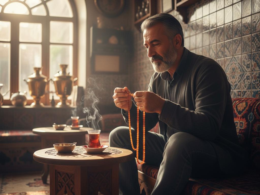 Bir Türk çay ocağında tesbih çeken orta yaşlı bir adamın huzurlu ve düşünceli anı. Sıcak ışık, samimi mahalle atmosferi ve manevi bir sakinlik öne çıkıyor.