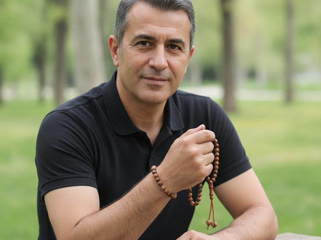 Park ortamında bileğinde kuka bileklik takan bir Türk erkeğin doğal ve şık görünümü. Yanında görünen kuka tesbih, aksesuarların takım uyumunu anlatan foto-gerçekçi bir sahne oluşturuyor.