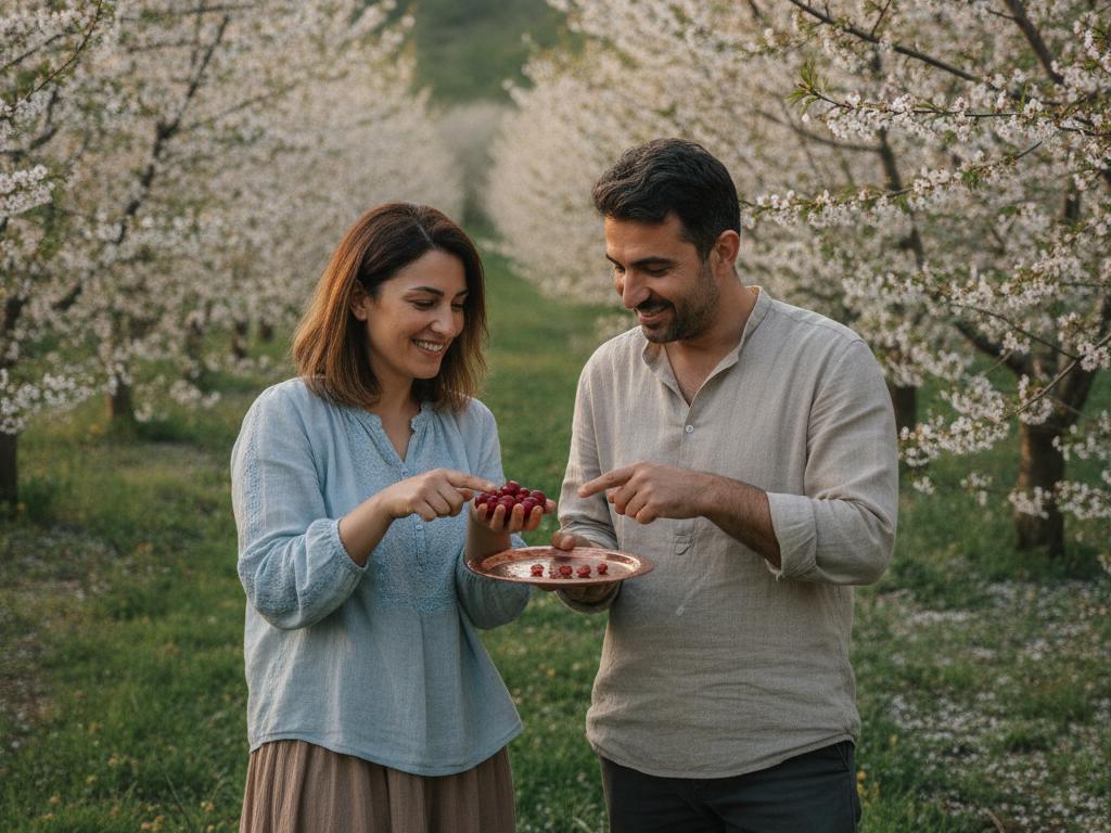 Baharda çiçek açmış kiraz ağaçları arasında, kiraz çekirdeklerini inceleyen Türk bir kadın ve erkeğin yer aldığı doğal ve foto-gerçekçi bir bahçe sahnesi.