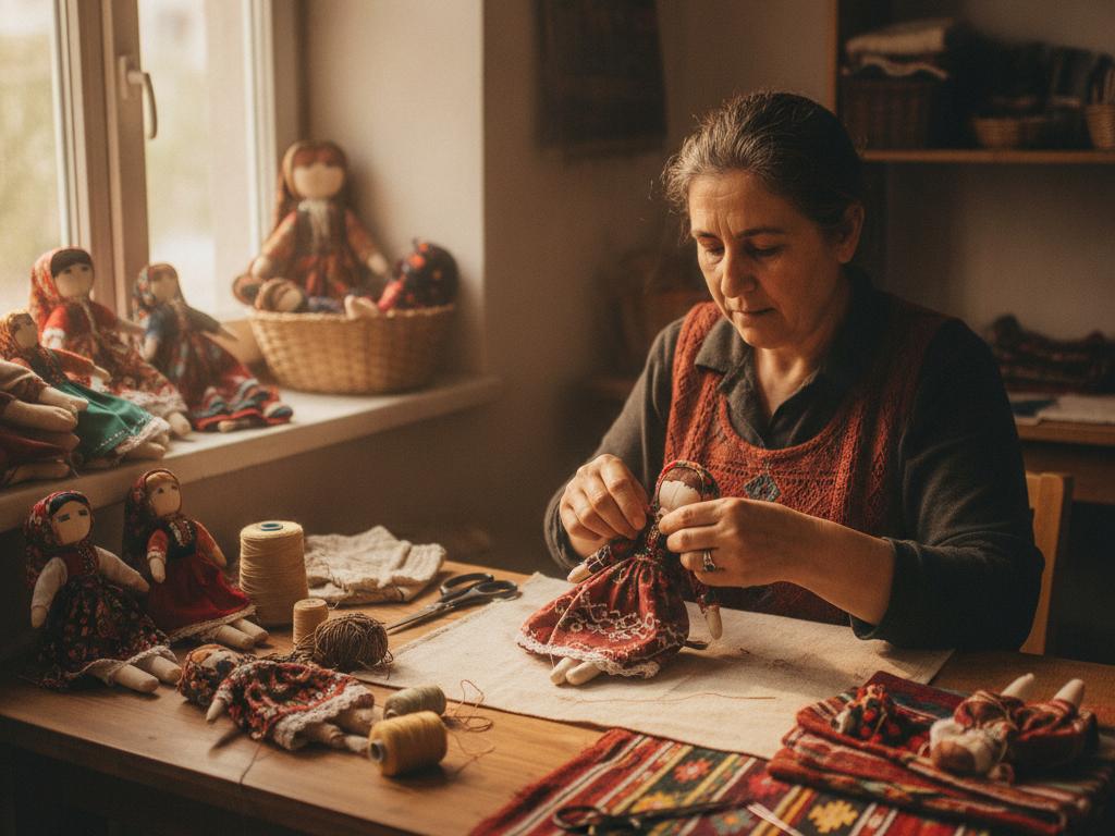 Bir Türk el sanatları atölyesinde folklorik bebek yapan zanaatkâr ve masadaki geleneksel, el işçiliğiyle hazırlanmış bebekler görülüyor. Sıcak ışık ve yöresel kumaş detayları dikkat çekiyor.