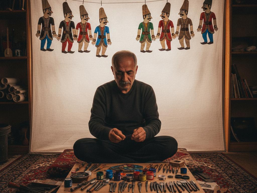Bir gölge oyunu ustası Karagöz ve Hacivat figürlerini hazırlarken görülüyor. Deri tiplemeler, çalışma masası ve ışık perdesi geleneksel Türk sanatını yansıtıyor.