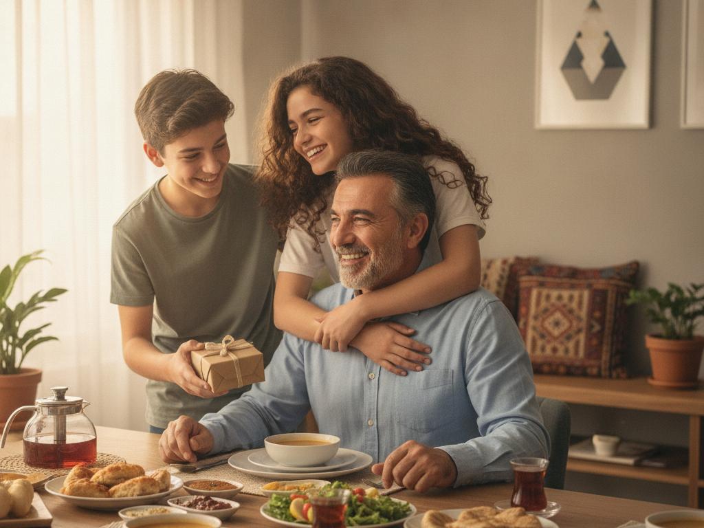 Modern bir Türk evinde Babalar Günü için hazırlanan sıcak aile sofrası; çocuklar babalarına sarılıp küçük bir hediye veriyor.