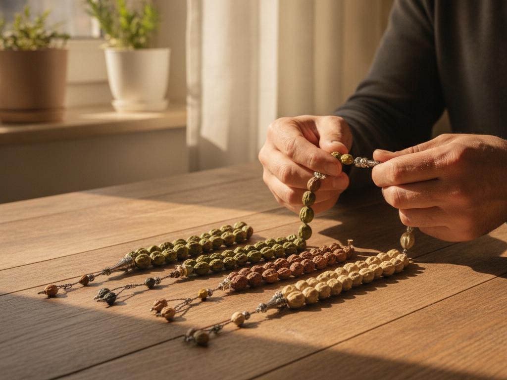 Ahşap bir masa üzerinde modern kesimli doğal tesbihler ve onları tutan orta yaşlı bir erkeğin elleri görülüyor. Sıcak ışık, doğal dokular ve şık ev ortamı tesbih trendlerini vurguluyor.