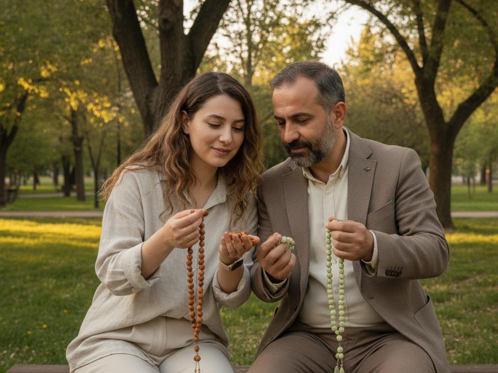 Parkta doğal çekirdek ve tesbih otu tesbihlerini inceleyen iki kişi yer alıyor. Açık hava, doğal ışık ve modern tasarımlar 2026 tesbih trendlerinin özgünlüğünü anlatıyor.