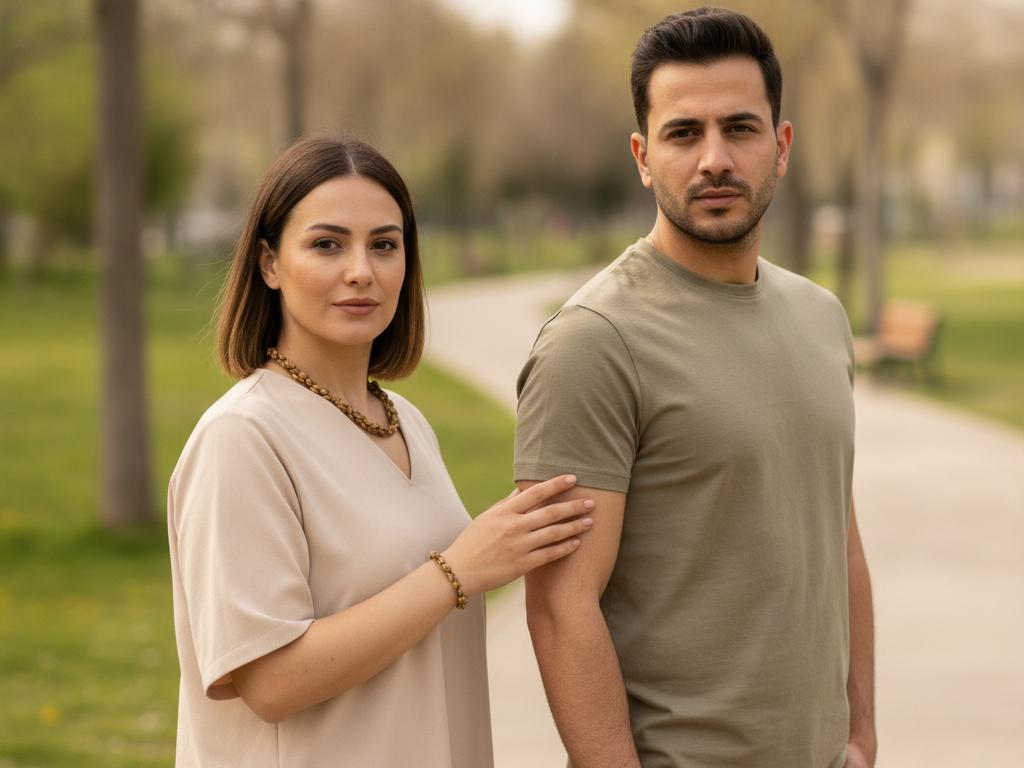 Şehir parkında sade günlük kıyafetler giyen bir kadın ve bir erkeğin üzerinde iğde çekirdeği bileklik ve kolye görülüyor. Doğal ışık ve yumuşak arka plan, aksesuarların günlük kombinlere uyumunu vurguluyor.