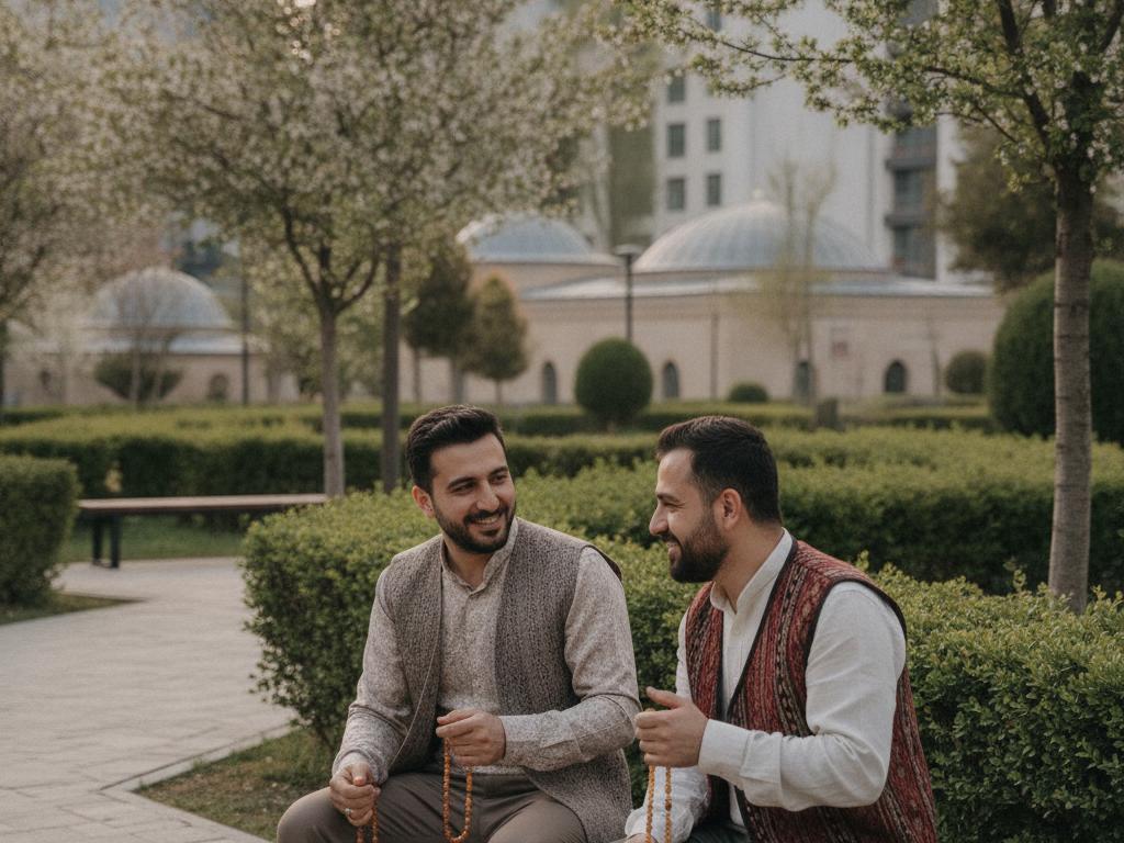 Ağaçlı bir parkta tesbih tutan iki kişinin sohbet ettiği, huzurlu ve doğal bir dış mekân fotoğrafı. Görsel, tesbihin sosyal bağ ve manevi kullanımını Türkiye-orta Asya bağlamında yansıtıyor.