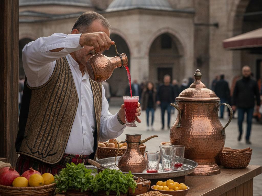 Geleneksel kıyafetli bir şerbet ustası, bakır kaplarda doğal malzemelerle şerbet hazırlıyor. Arka planda Türkiye’ye özgü çarşı atmosferi ve sıcak bir gün ışığı görülüyor.