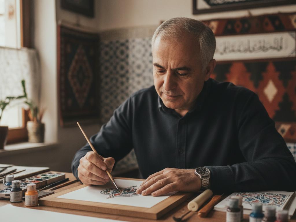 Bir nakkaşın yakın planda ince fırça ile geleneksel süsleme yaptığı gerçekçi bir atölye fotoğrafı. El emeği, sabır ve detaylı işçilik ön planda; arka planda ise geleneksel Türk sanat atmosferi hissediliyor.