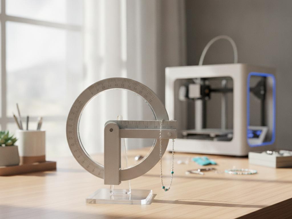 Aydınlık bir masa üzerinde 3D yazıcıdan yapılmış bileklik ölçüm aparatı ve standı, yanında bir bileklik ile birlikte görülüyor. Görsel, pratik ve modern takı ölçüm çözümünü gerçekçi bir şekilde anlatıyor.