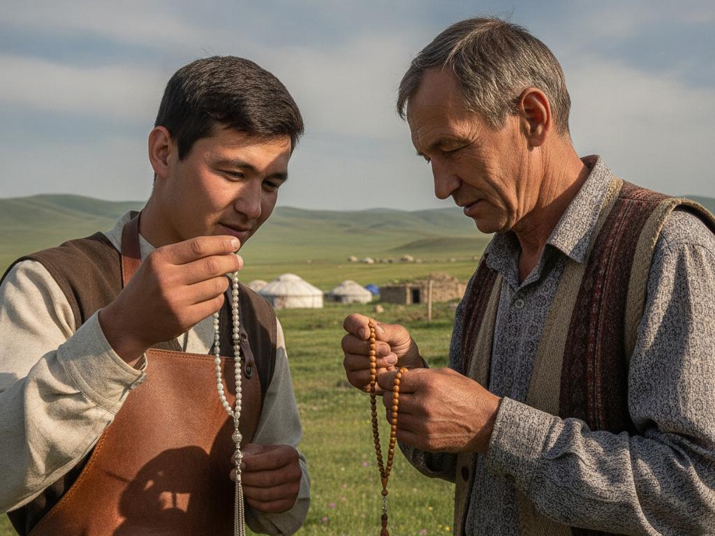 Doğal bir dış mekânda genç bir zanaatkar ile ziyaretçi, modern ve geleneksel tesbihleri birlikte inceliyor. Ferah doğa arka planı, Orta Asya’da tesbih sanatının zarafetini ve güncel dokusunu vurguluyor.