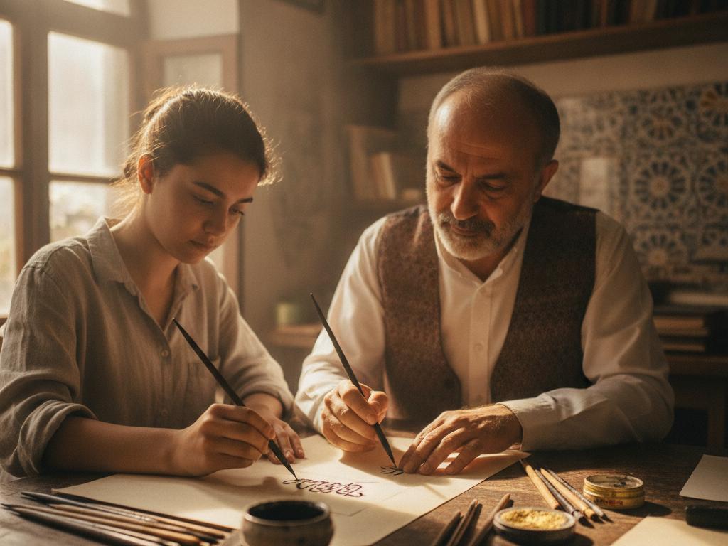 Geleneksel bir atölyede usta bir hattat ile genç bir çırak, kamış kalem ve mürekkep ile hat sanatı çalışıyor. Sıcak doğal ışık ve detaylı el işçiliği öne çıkıyor.