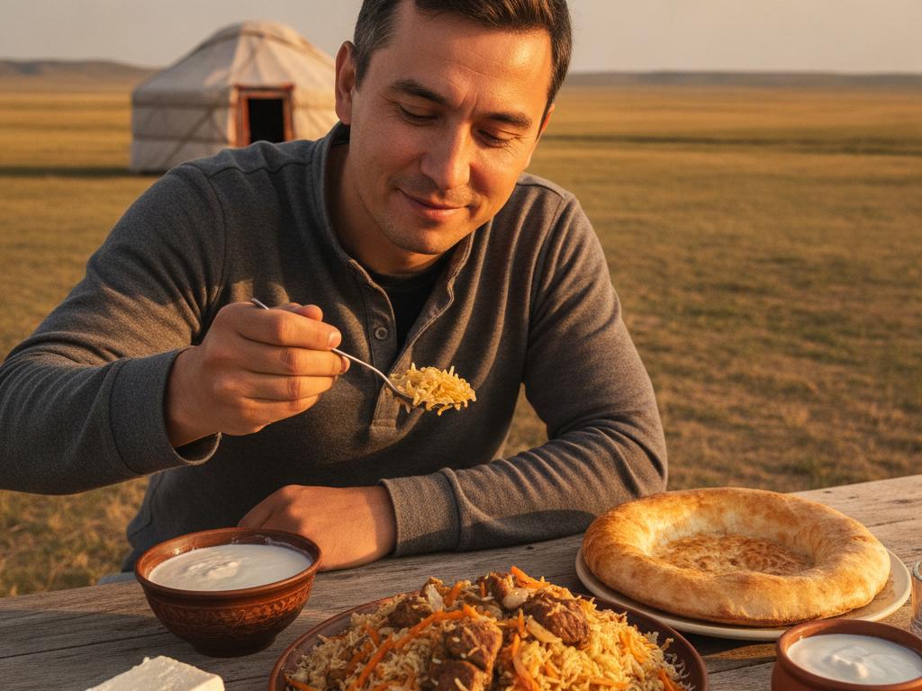 Orta Asya bozkurdu ve yurt atmosferi eşliğinde, geleneksel plov tadan genç bir gezginin doğal ve foto-gerçekçi sahnesi.