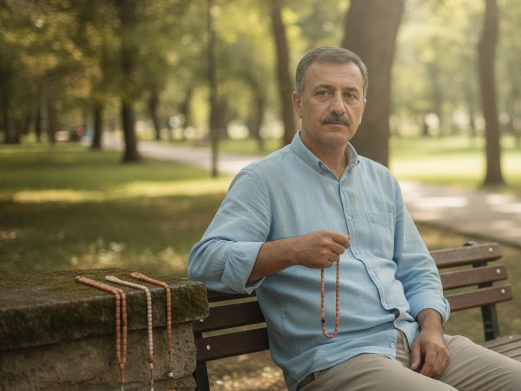 Parkta oturan orta yaşlı bir adam, elindeki 33’lük kuka tesbihi sakin biçimde kullanıyor. Arka planda ağaçlar ve yumuşak gün ışığıyla günlük kullanım hissi veren doğal bir sahne yer alıyor.