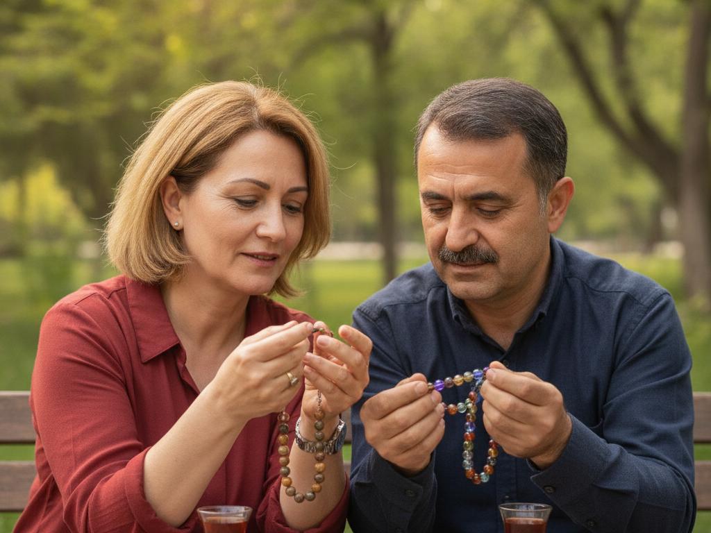 Açık havada doğal taş ve cam takıları karşılaştıran Türk karakterlerin yer aldığı sıcak ve gerçekçi bir yaşam tarzı fotoğrafı. Park benzeri huzurlu bir ortamda, takı tercihi teması vurgulanıyor.